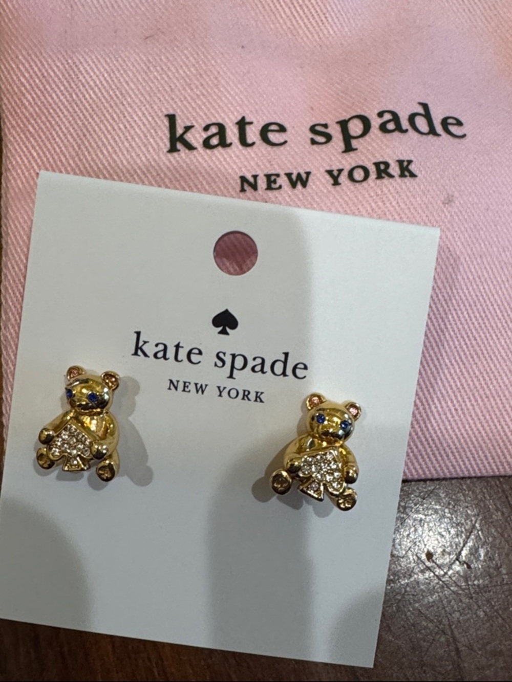 kate spade Gold Teddy Bear Stud Earrings with Clear Crystals